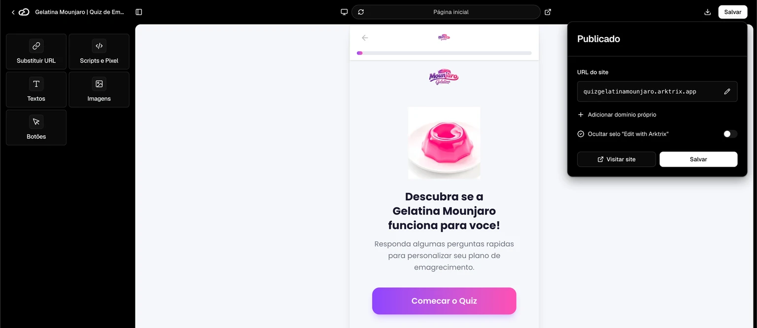 Editor da Clonetrix com o painel de publicação aberto, pronto pra publicar no domínio próprio